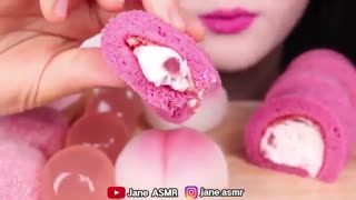 ASMR PINK FOODS *PEACH CAKE, JELLY, COTTON CANDY, RICE CAKE - EATING SOUNDS